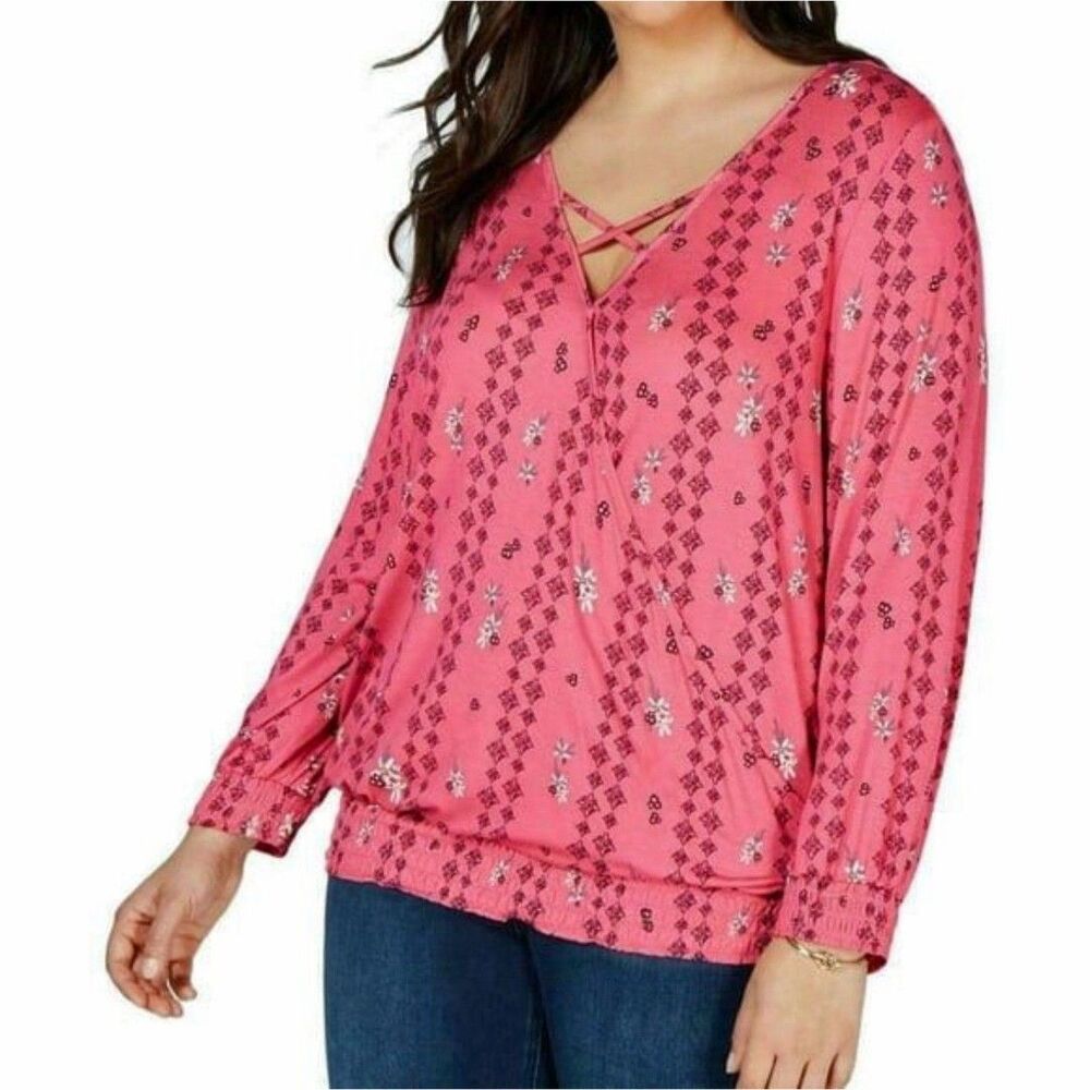 Style & Co Pink Floral Crisscross Blouse Plus Size 1X NWT